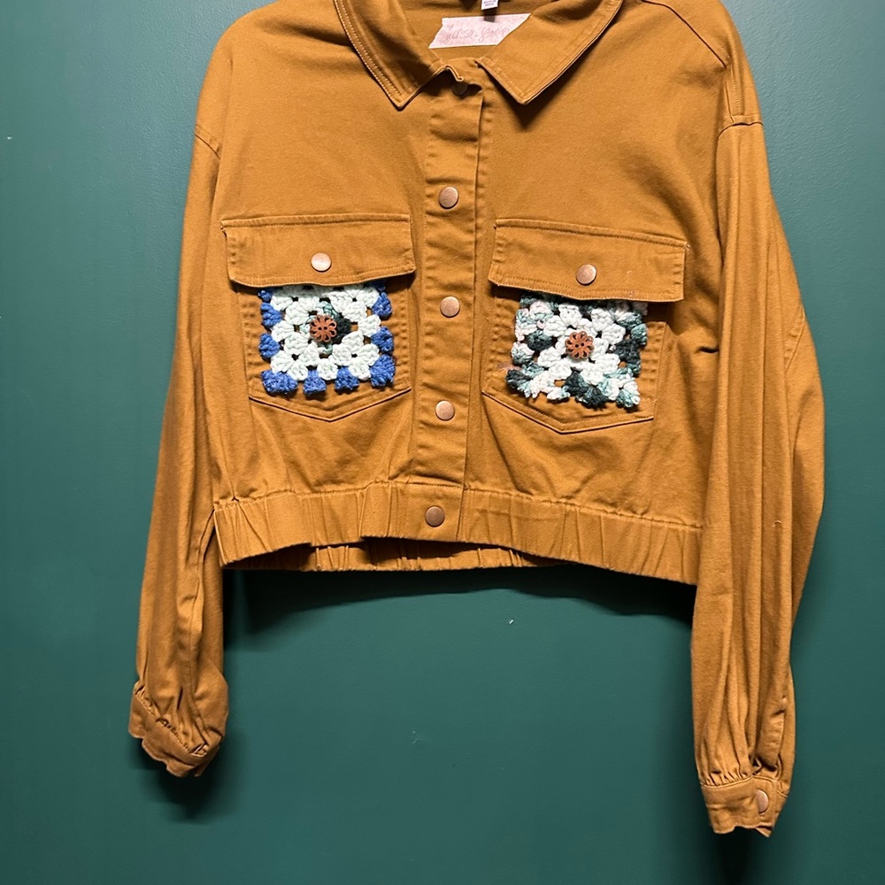 Mustard Cropped Jacket with Crochet Pockets